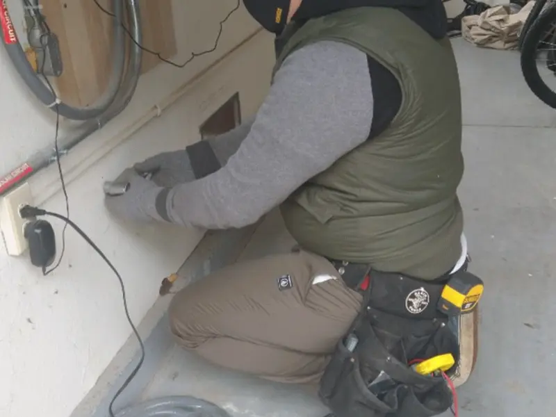 Electrician performing outlet wiring in a Apple Valley garage